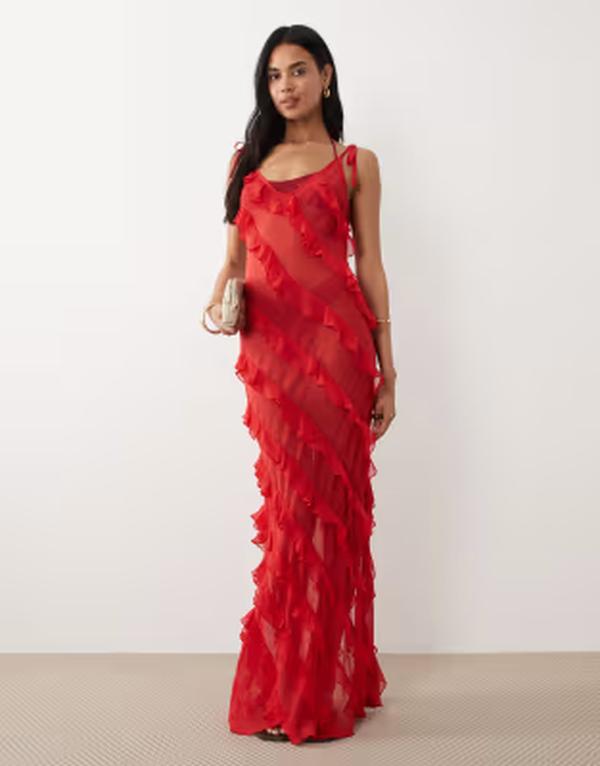 ミスセルフフリッジ レディース トップス 衣裳 非対称 フラウンス マキシ Misselfridge asymmetric ruffles low back beach maxi dress RED 赤いこと
