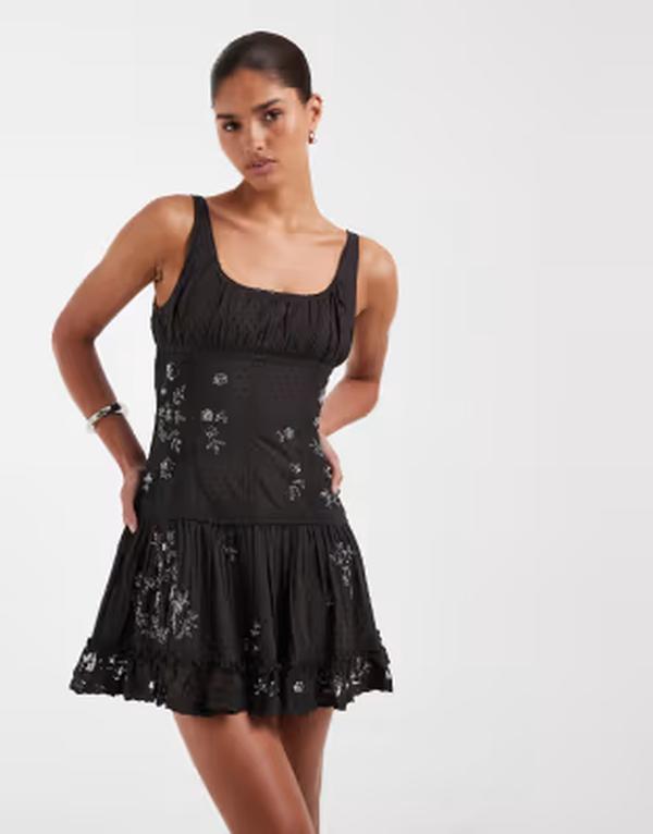 エイソス レディース トップス 衣装 御花柄 ミニ シアー スピード競技 御花 ASOS DESIGN scoop neck mini dress with sheer lace panels and floral embellishment インチ washed charcoal Washed Charcoal 濃灰色