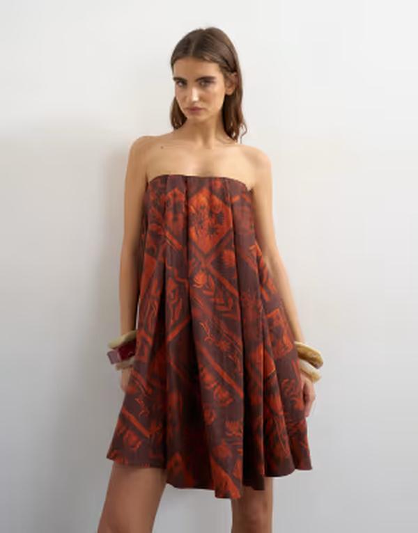 トップショップ レディース トップス ワンピース プリント ミニ リネン Topshop linen rich full trapeze bandeau mini dress in rust boutique scarf print Boutique scarf print ラスト｜ReVida 店