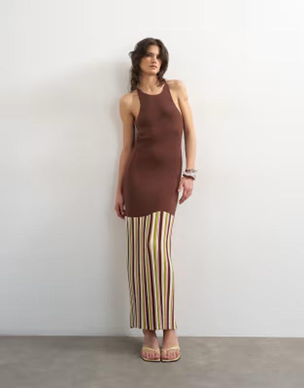 とっ始め販売店 レディース トップス 衣裳手押し車 編み物 マキシ Topshop knit strap back full skirt maxi dress インチ chocolate 黒茶