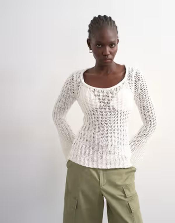 いの一番販売店 レディース アウター 編み物・ティーシャツ Topshop knit open stitch long sleeve top Ivory 象牙色