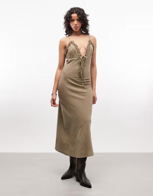 エイソス レディース トップス 衣装 フラウンス マキシ ASOS DESIGN deeplunge neck cami maxi sundress with ruffle trim インチ washed olive Washed olive オリーブ