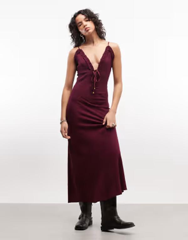 エイソス レディース トップス 衣装 フラウンス マキシ ASOS DESIGN deeplunge cami maxi sundress with ruffle trim インチ plum 酸桃