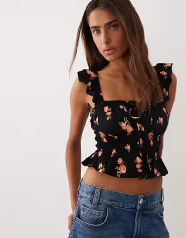 ミスセルフフリッジ レディース トップス ティーシャツ お花柄 刷り上げる フラウンス お花 Misselfridge shirred top with ruffle sleeves インチ floral print DARK DITSY PRINT