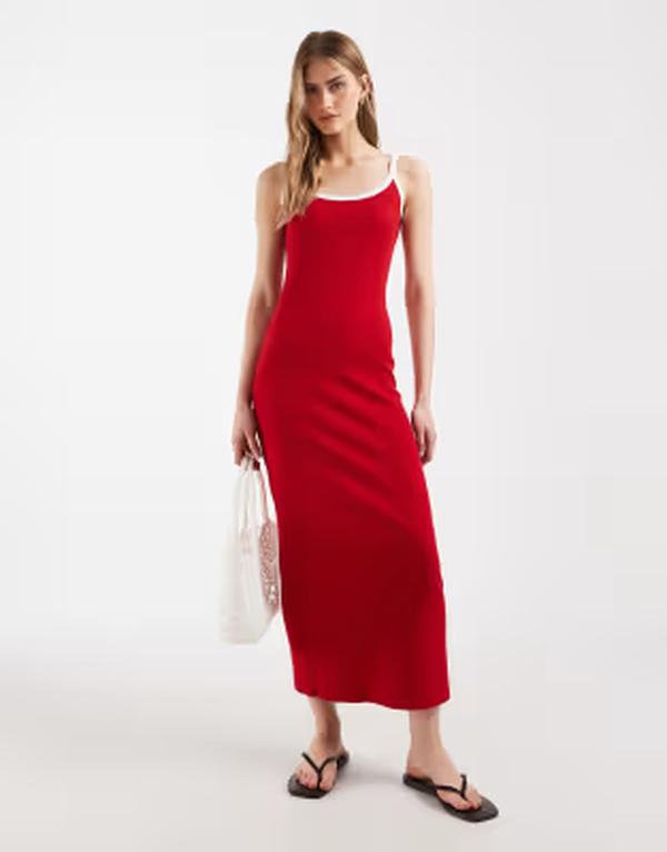 エイソス レディース トップス 衣裳 リブニット MIDI 対照 編み物 ASOS DESIGN rib knit MIDI dress with white contrastrim Red \u0026 white 白いこと