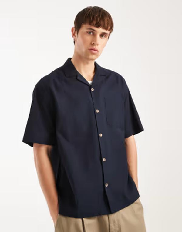 エイソス メンズ トップス プルオーバー リネン ASOS DESIGN relaxed camp collar linen shirt NAVY 米国海軍