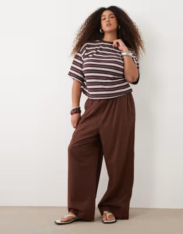 エイソス レディース ボトムス 心地好いズボン下 リネン ASOS Curve ASOS DESIGN Curve linen mix pants - part of a set Brown 赤銅色