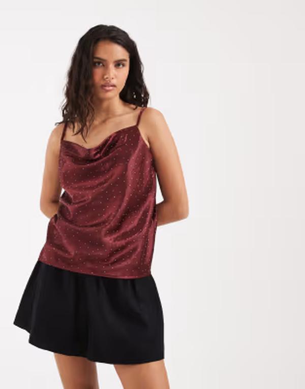 リバーアイランド レディース トップス シャツ River Island cowl neck hotfix detail cami top Burgundy バーガンディ｜ReVida 店