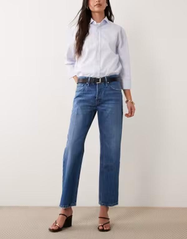 好ましいアメリカン レディース ボトムス ジーンズズボン下 ヴィンテージ 引っ切り無い アンクル デニム Good American good waist vintage straight leg anklength jeans インチ mid blue wash MID BLUE 青色