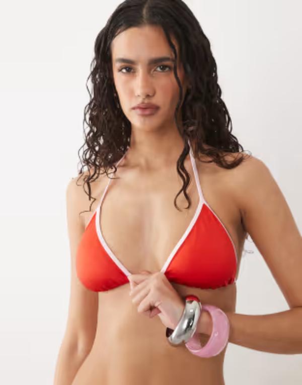 フリーソサエティ レディース 水泳着 いの一番のみ 対比 Free Society triangle bikini top with contrastrim PINK サクラ色