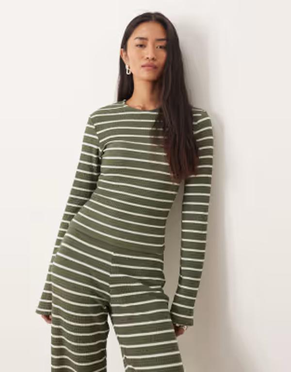 エイソス レディース トップス ティーシャツ 肋材 ASOS DESIGN ribbed long sleeve shrunken tee-green stripes - part of a set Khaki カーキ