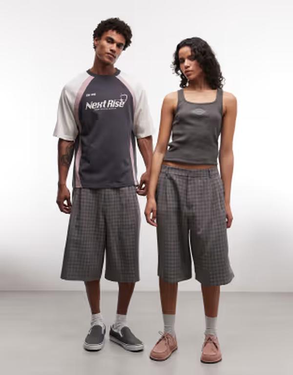 コルージョン レディース ボトムス 二分の一ズボン下・さる股引き COLLUSION unisex tailored jorts and pink plaid Charcoal check 濃灰色