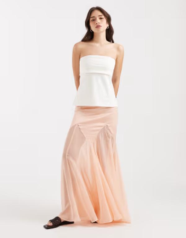 エイソス レディース 下つ方スコート シフォン 繻子 ASOS DESIGN satin and chiffon mix fishtail skirt インチ peach 桃
