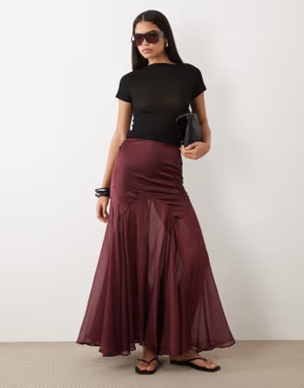 エイソス レディース 下つ方スコート シフォン 繻子 ASOS DESIGN satin and chiffon mix fishtail skirt インチ plum 酸桃