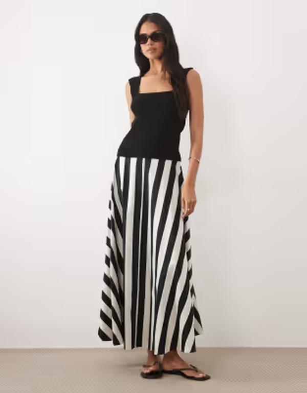 エイソス レディース 下つ方スコート 刷り上げる ティーシャツ 綿織物 ASOS DESIGN cotton sateen volume circle skirt インチ striped print stripe 縞模様