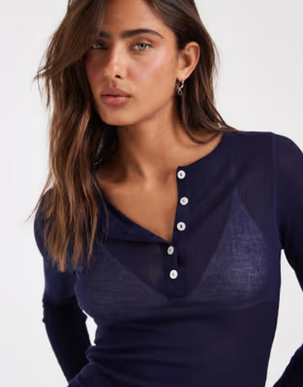 エイソス レディース トップス ティーシャツ シアー ASOS DESIGN super sheer Henley top NAVY 米国海軍