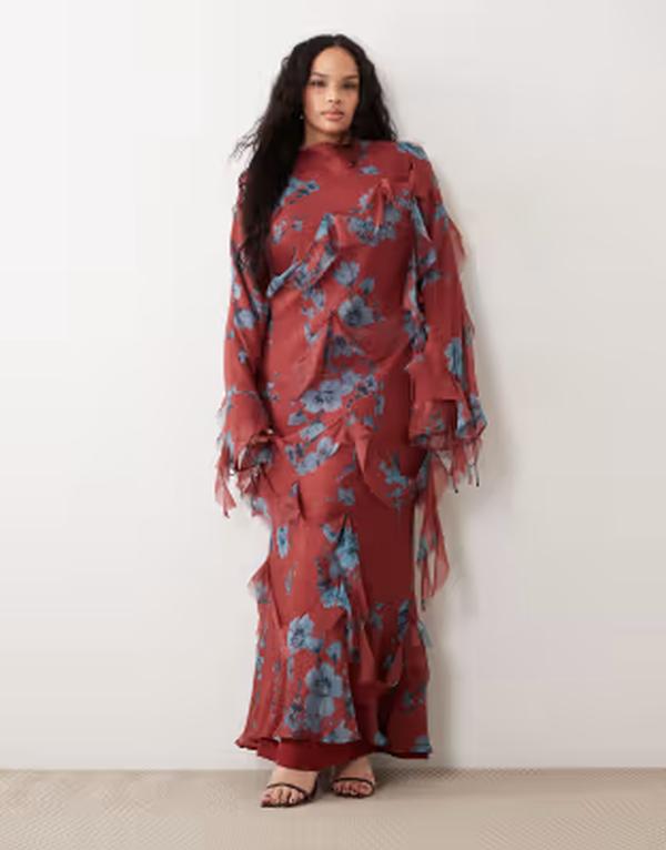 エイソス レディース トップス 衣装 御花柄 ドレープリント フラウンス マキシ 御花 ASOS Curve ASOS DESIGN Curve draped raw edge ruffle trim long sleeve maxi dress インチ floral print Floral Print