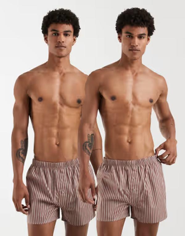 エイソス メンズ アンダー御召しもの ボクサーズボン下 ASOS DESIGN 2-pack woven boxerstripe BROWN 赤銅色