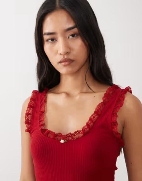 ミスセルフフリッジ レディース トップス プルオーバー 肋筋 スピード競技 Misselfridge ribbed tank top with lace detail RED 赤いこと