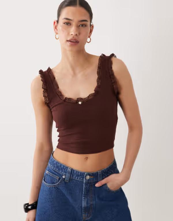 ミスセルフフリッジ レディース トップス プルオーバー 肋筋 スピード競技 Misselfridge ribbed tank top with lace detail インチ chocolate 黒茶