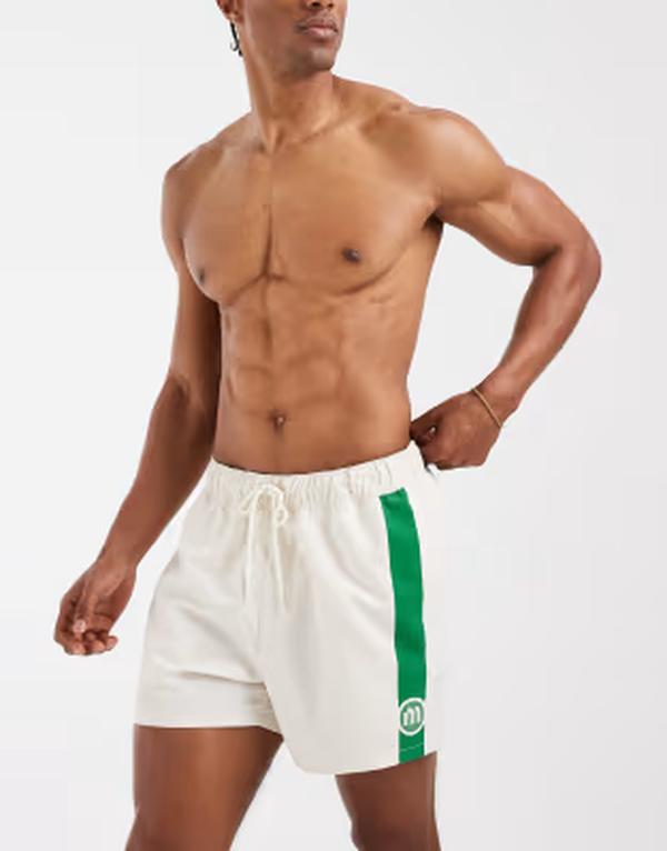 エイソス メンズ 水泳着 二分の一ズボン下・さる股引き 遊撃手ズボン下 スピード競技 ASOS DESIGN swim shorts インチ short length with placement stripe BEIGE ベージュ