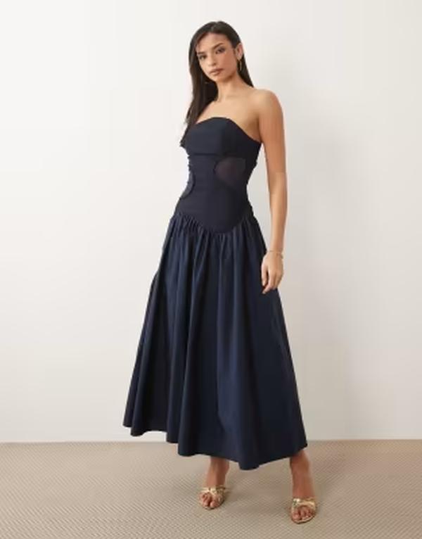 エイソス レディース トップス 衣装 シアー スコート ASOS DESIGN curved neckline sheer paneled midaxi dress with volume structured skirt NAVY 米国海軍