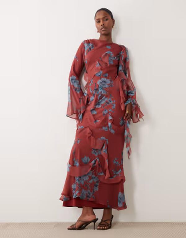 エイソス レディース トップス 衣装 御花柄 ドレープリント フラウンス マキシ 御花 ASOS DESIGN draped raw edge ruffle trim long sleeve maxi dress インチ floral print Floral Print