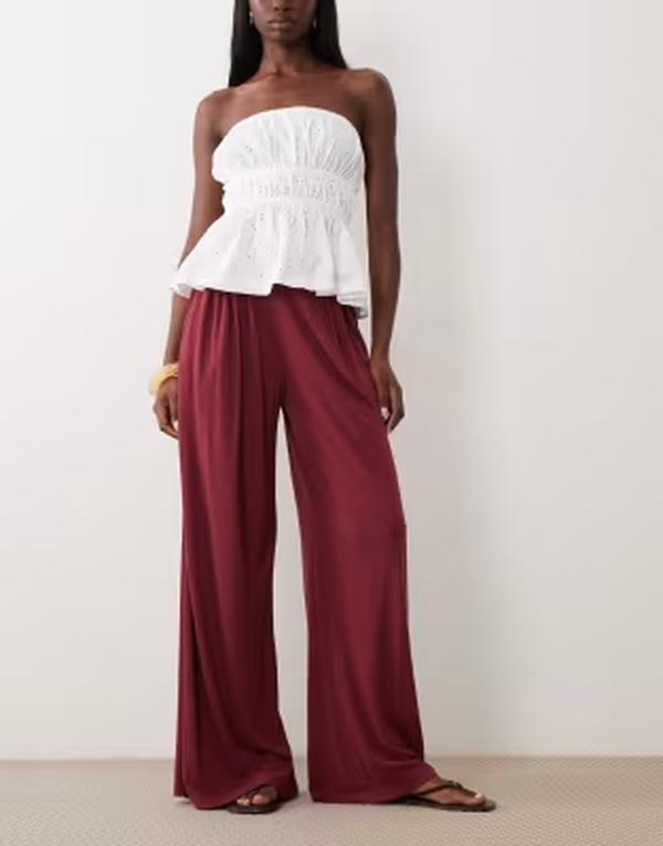 エイソス レディース ボトムス 心地好いズボン下 ワイドレッグ リネン ASOS DESIGN viscose linen blend super wide leg pants インチ berry