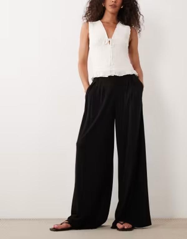 エイソス レディース ボトムス 心地好いズボン下 ワイドレッグ リネン ASOS DESIGN viscose-linen blend super wide leg pants Black 黒いこと