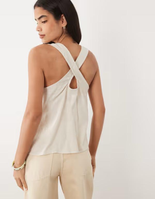 エイソス レディース トップス ティーシャツ リネン ASOS DESIGN linen cross back scoop neck camin stone 石ころ