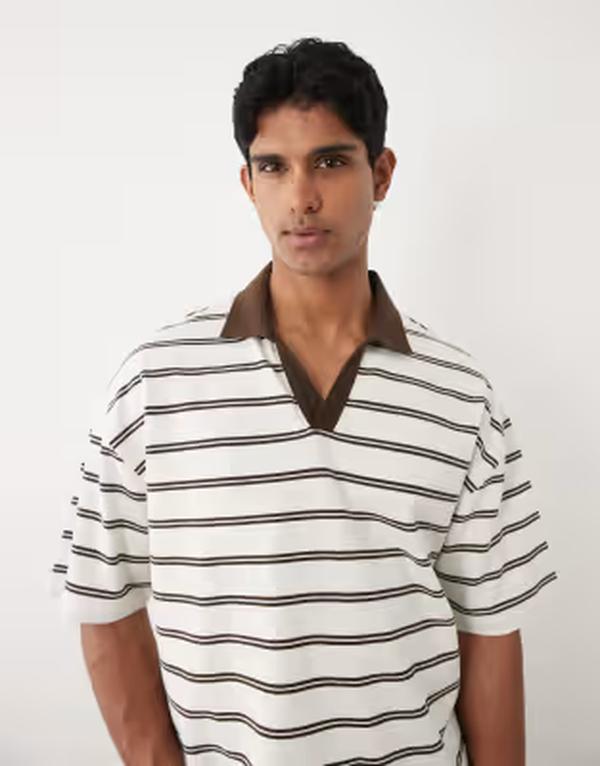 エイソス メンズ トップス スポーツシャツ ASOS DESIGN heavyweight oversized polo and brown stripes Coconut milk 象牙色