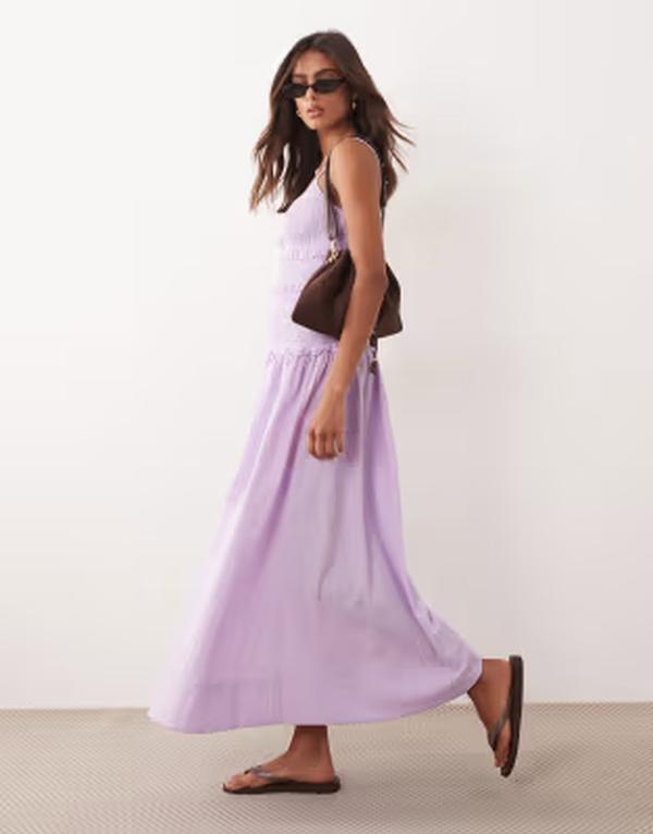 エイソス レディース トップス ワンピース マキシ ASOS DESIGN crinkle maxi sundress with shirredropped waist in lilac ライラック｜ReVida 店