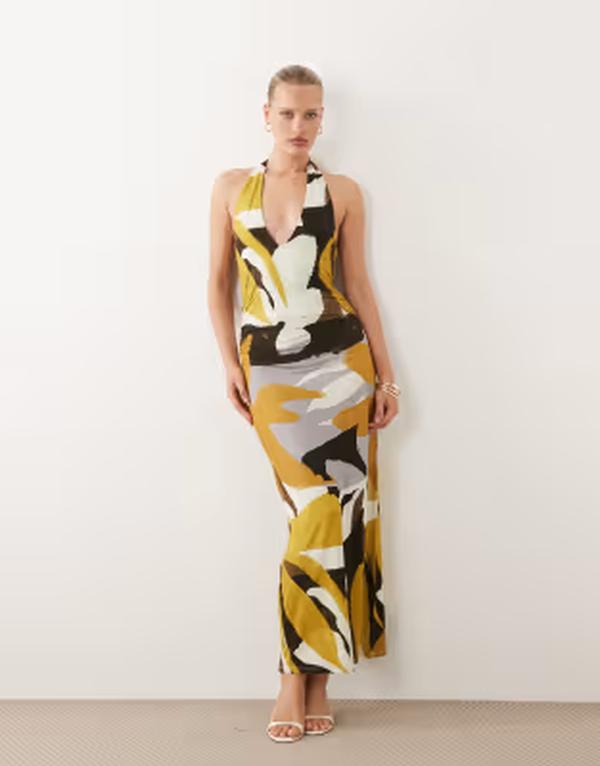 エイソス レディース トップス 衣装 刷り上げる midi ホルター ASOS DESIGN tie back halter MIDI dress インチ abstract print Abstract print