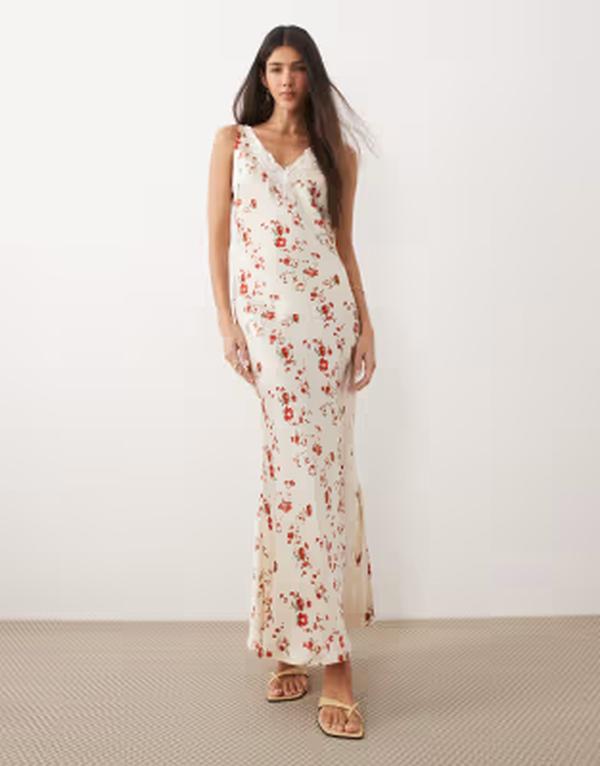 エイソス レディース トップス 衣装 V素っ首 御花柄 繻子 スピード競技 マキシ 御花 ASOS DESIGN v-neck lace matte satin maxi dress インチ cream and red floral Cream red floral 皮膚軟化剤