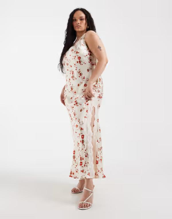 エイソス レディース トップス 衣装 V素っ首 御花柄 繻子 スピード競技 マキシ 御花 ASOS Curve ASOS DESIGN Curve v-neck lace matte satin maxi dress インチ cream and red floral Cream red floral 皮膚軟化剤
