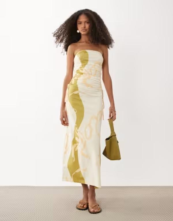エイソス レディース トップス 衣裳 刷り上げる ギャザー MIDI ASOS DESIGN bandeau ruched side MIDI dress インチ cream \u0026 olive abstract print Abstract print 皮膚軟化剤