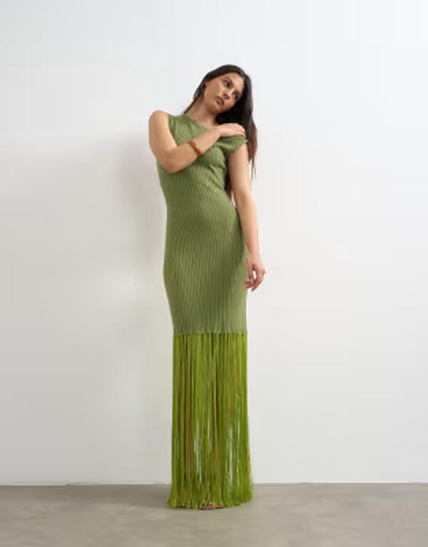 とっ始め販売店 レディース トップス 衣裳 リブニット マキシ Topshop rib knitassel trimaxi dress Green 緑であること