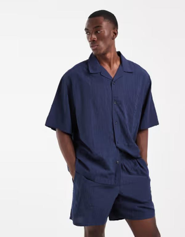 エイソス メンズ 水泳着 二分の一ズボン下・さる股引き 遊撃手ズボン下 ASOS DESIGN seersucker shorts インチ mid length - part of a set NAVY 米国海軍