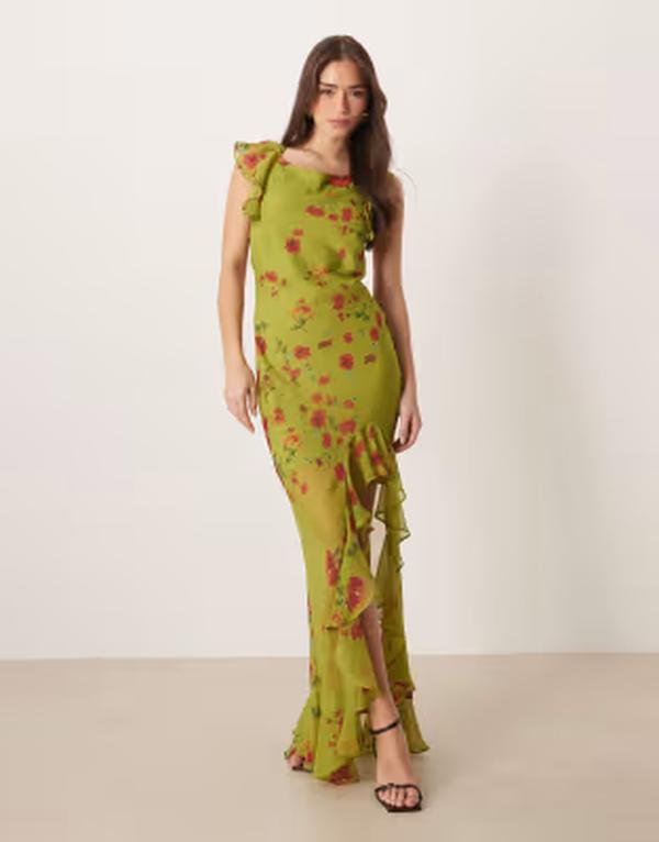 エイソス レディース トップス 衣装 非対称 御花柄 マキシ 御花 ASOS DESIGN frill sleeve cowl asymmetric hemaxi dress floral Green floral 緑であること