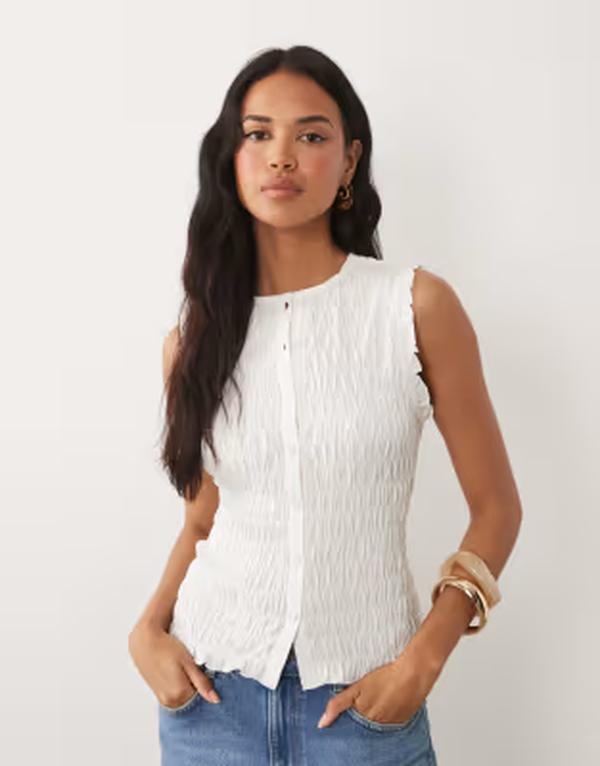 エイソス レディース トップス より良い ASOS DESIGN shirred button up tank top WHITE 白いこと