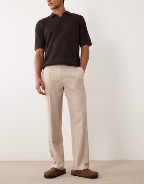 エイソス メンズ ボトムス 心地よいズボン下 ASOS DESIGN flexMAX smart straight pants インチ stone with elastic waistONE 石ころ