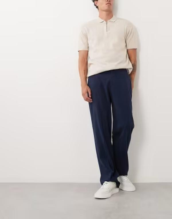 エイソス メンズ ボトムス 心地よいズボン下 ASOS DESIGN flexMAX smart straight pants with elastic waist NAVY 米国海軍