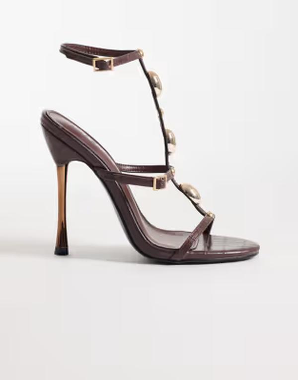 パブリックデザイア レディース シューズ サンダル 踵 Public Desire higheeled sandals with stonembellishment BROWN 赤銅色