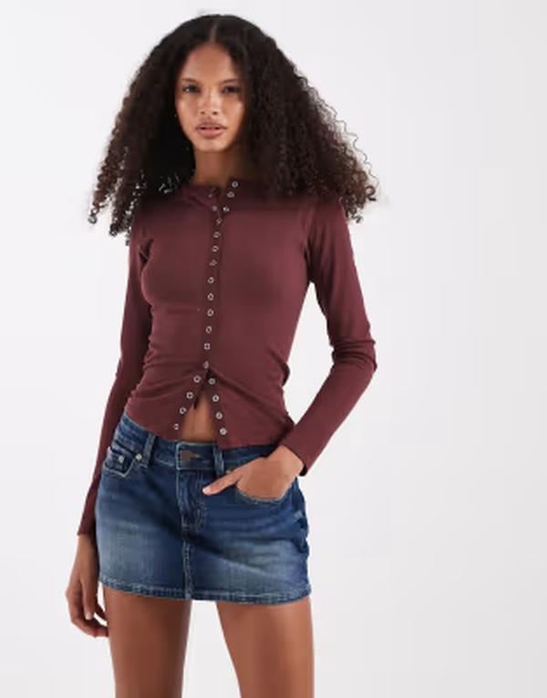 エイソス レディース トップス ティーシャツ 肋筋 ASOS DESIGN seamless ribbed snap detailong sleeve top インチ chocolate Choc 黒茶