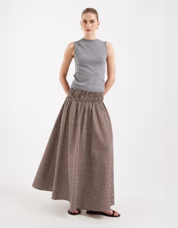 エイソス レディース 下つ方スコート ギンガム照合のしるし マキシ ギンガム ASOS DESIGN shirred waist detail maxi skirt インチ gingham