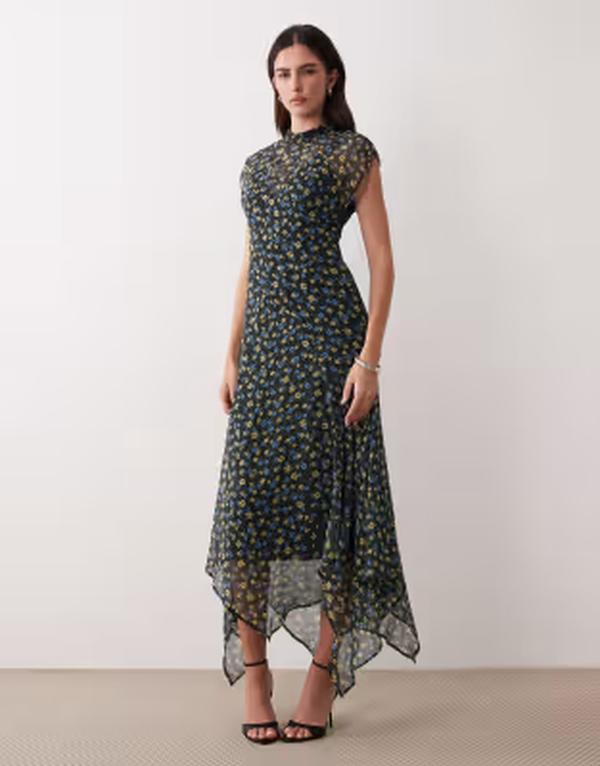 エイソス レディース トップス 衣装 シフォン ハイネック 御花柄 刷り上げる マキシ 御花 ASOS DESIGN high neck hanky hem chiffon maxi dress floral print Black floral print 黒いこと
