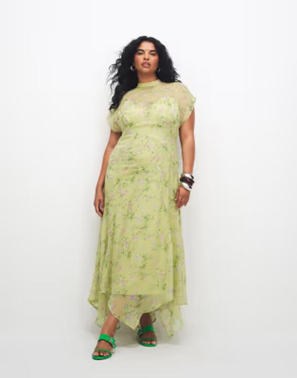 エイソス レディース トップス 衣装 シフォン ハイネック 御花柄 マキシ 御花 ASOS Curve ASOS DESIGN Curve high neck hanky hem chiffon maxi dress インチ lime floralime floral 菩提樹