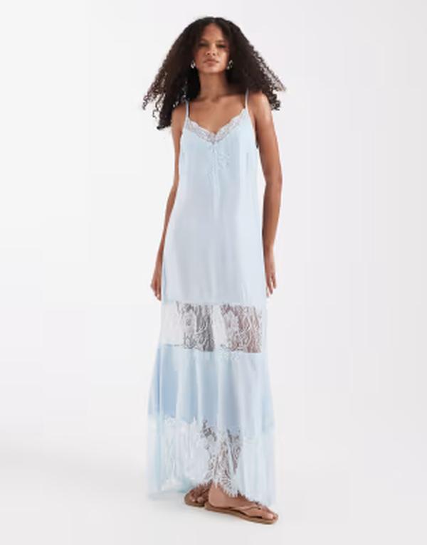 エイソス レディース トップス 衣裳 スピード競技 マキシ ASOS DESIGN lace inserts handkerchief hemaxi dress BLUE 青碧