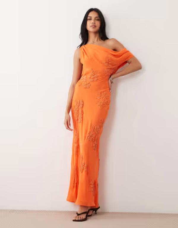 エイソス レディース トップス 衣裳 御花柄 ドレープ マキシ 御花 ASOS DESIGN floral embellished maxi dress with draped fallen shoulder インチ orange オレンジ色