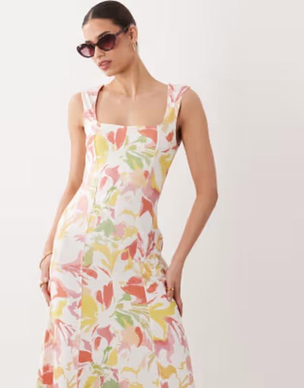 エイソス レディース トップス 衣装 御花柄 刷り上げる midi 御花 ASOS DESIGN square neck seam detail MIDI dress インチ abstract floral print Abstract flower